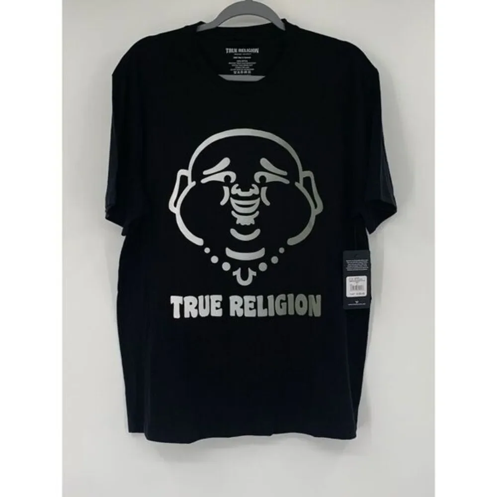 True Religion‎ Jet Black Ombre Buddha Face Short Sleeve Men's T-Shirt Size Large